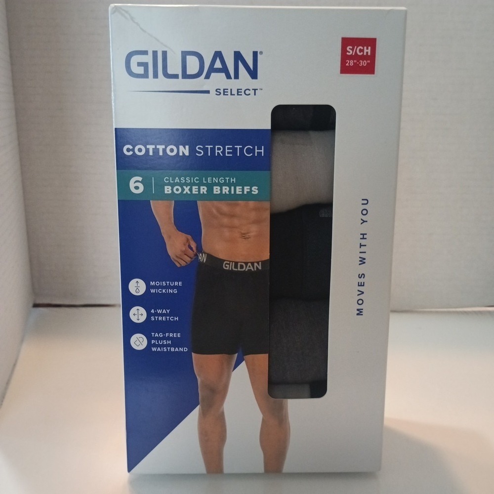 Gildan Select Boxer Briefs 6‎ Pack Men's S (28"-30") Cotton Stretch Black Gray